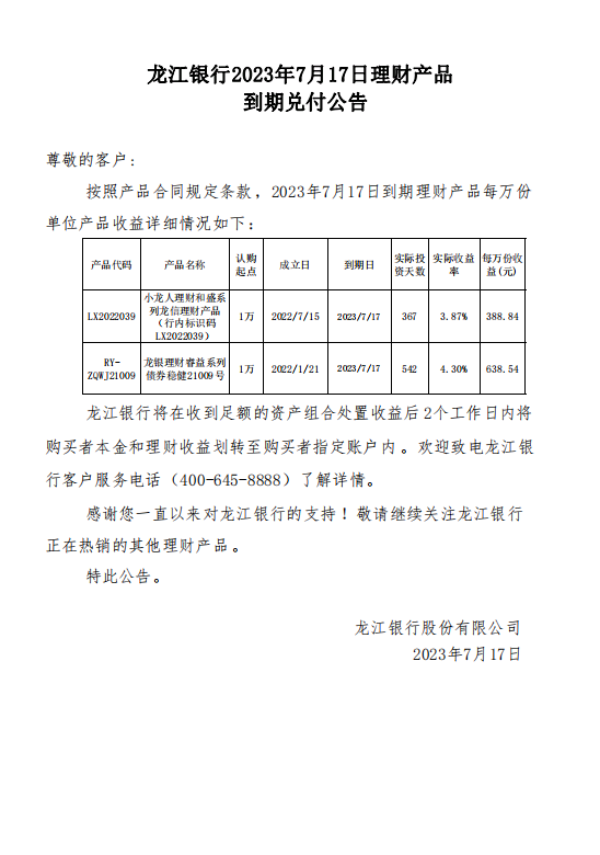 龙江银行2023年7月17日理财产品到期兑付公告