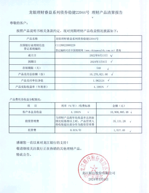 龙银理财睿益系列债券稳健22044号理财产品清算报告